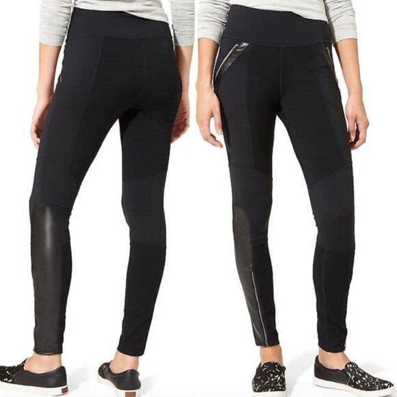 ATHLETA Luxe Ponte Legging Black Vegan Leather Colorblock Zipper Moto Leggings L - Picture 1 of 16